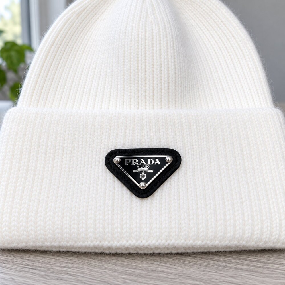 Prada White Ribbed Triangle Logo Beanie - Picture 5 of 6